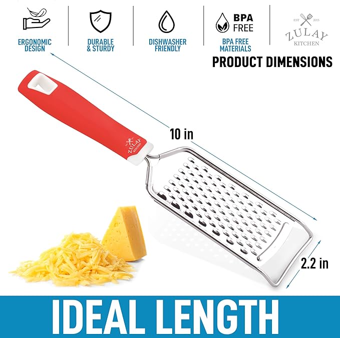 Zulay Kitchen Professional Cheese Grater Stainless Steel - Durable Rust-Proof Metal Lemon Zester Grater With Handle - Flat Handheld Grater For Cheese, Chocolate, Spices, And More - Red