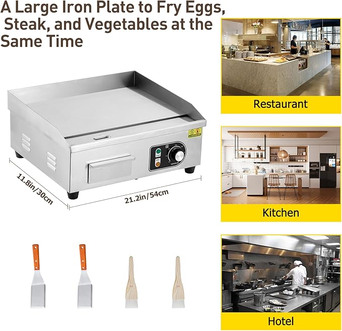 1600W 22" Half Flat Top Electric Griddle – Commercial-Grade Stainless Steel, Adjustable Temp, 2 Shovels/Brushes & Plug Included