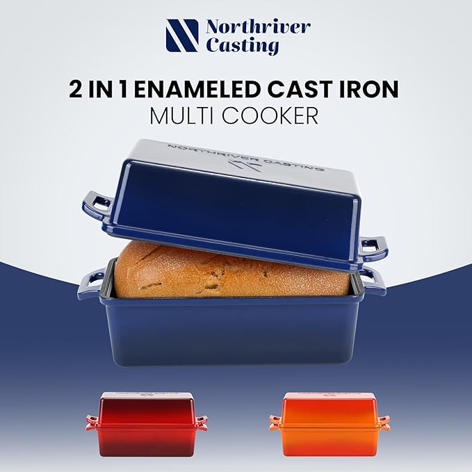 Northriver Casting 2 in 1 Enameled Cast Iron Bread Pan with Lid, Perfect Bread Oven, Loaf Pans for Baking Homemade Sourdough Bread 9x5, 2 Piece set, Navy Blue