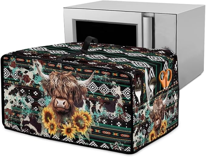 Toaster Oven Dust Cover Washable Fabric Convection Oven Cover Protector Compatible with Various Small Kitchen Appliances, M, Aztec Highland Cow Sunflower