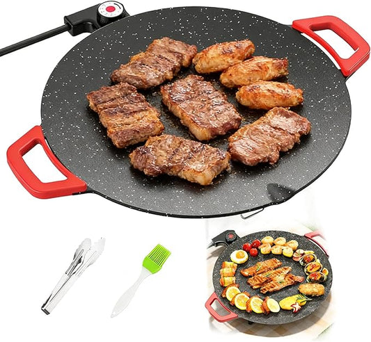 Non-Stick Electric Indoor Grill Pan, Large Round Electric Griddle & Smokeless Korean BBQ Grill Indoor - fast heating, portable, for burgers, pancakes & stovetop use (Extra Large)