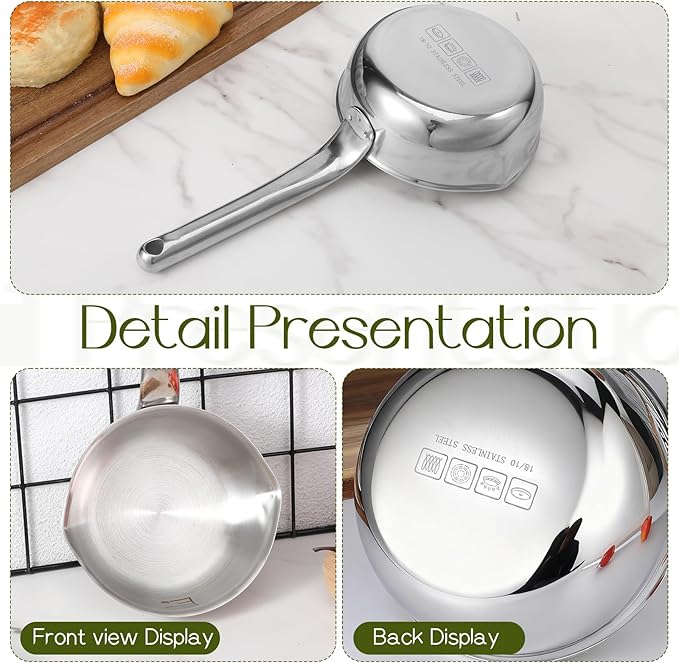 13.5 fl oz (400ml) 18/10 Stainless Steel Butter Warmer Measuring Pan, 3-Ply Saucepan with Dual Pour Spouts, Small Thick Cooking Pan for Stove Top, Chocolate Melting, Coffee Tea Soup Warming