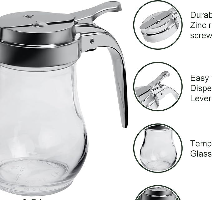 Great Credentials© Syrup Dispenser with Cast Zinc Top Glass Bulb Jar, Sugar Dispenser, Retracting Spout, Dispensing Thumb-Lever, 6 OZ. Pancake House Style set of 2