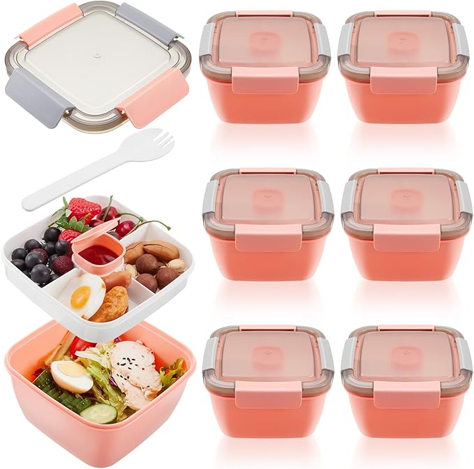 Tessco for you 6 Pcs Salad Lunch Container 50 oz Salad Container with 3 Compartment Reusable Bento Box for Adults Stackable Lunch Bowl for Meal Snack Fruit(Pink)