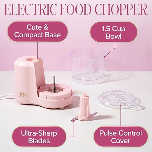 Paris Hilton 1.5-Cup Food Chopper, Stainless Steel Blade With One-Touch Pulse Control, Compact Mini Electric Chopper For Vegetables, Herbs, Nuts & Dressings, Pink