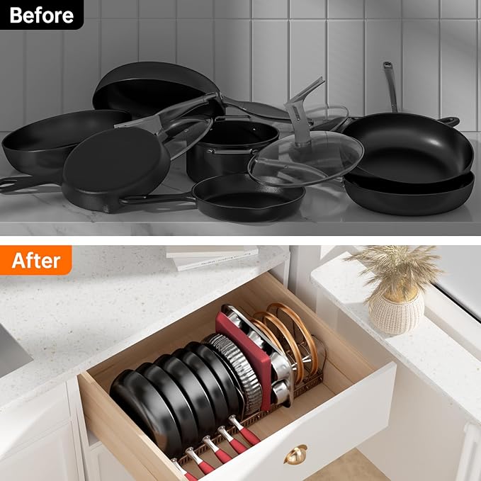 MUDEELA Pots and Pans Organizer under Cabinet, Expandable Pan Lids Organizers inside Cabinet with 12 Adjustable Dividers, Kitchen Storage Organization Pot Holder Cookie Sheet, Cutting Board Organizer