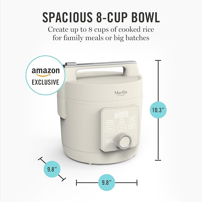 Martha Stewart Rice Cooker, 4 Cup (Uncooked) / 8 Cup (Cooked), Ceramic Non-Stick Removable Pot, Keep Warm, Measure Markings, Steam Basket, Brown & Sushi Rice, Quick Cook, Quinoa, Grains, Oats, Linen White