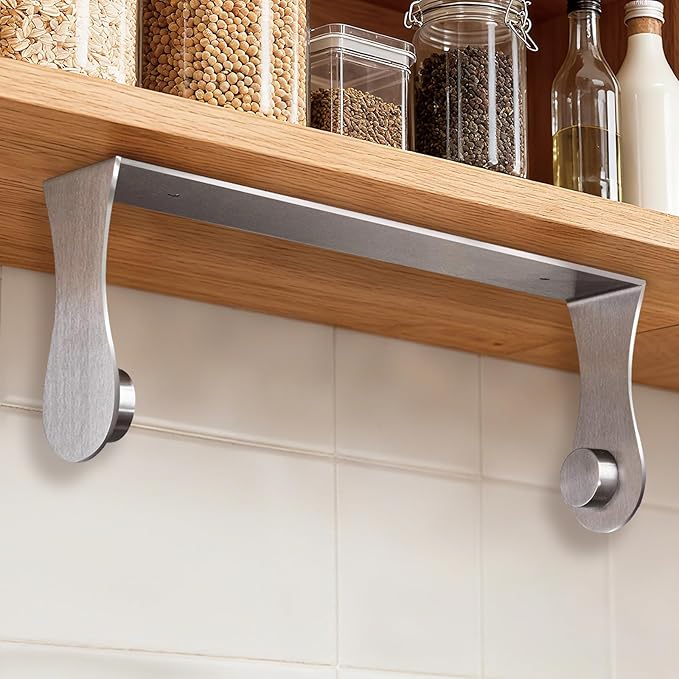 Paper Towel Holder Under Cabinet, Stainless Steel, Silver, Adhesive & Wall Mount, Under Counter Paper Towel Rack for Kitchen and Bathroom, Home and Kitchen Decor