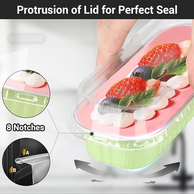 EUSOAR Foil Ramekins with Lids, 100pcs 6.8oz 6.5"x2.5"x1.2" Disposable Aluminum Baking Cups Mini Cake Pans with Lids, Rectangle Cupcake Dessert Cheesecake Creme Brulee Containers Wrappers Pan