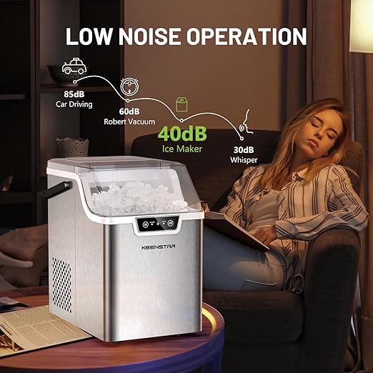 Nugget Countertop Ice Maker with Soft Chewable Ice 40Lbs, Pebble Sonic Ice Machine with Basket and Scoop, Ready in 5 Mins, 40Lbs/24H, Auto Self-Cleaning, for Home, Kitchen, Office, Party, Camping