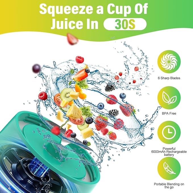 Portable Blender, 360W Personal Blender for Shakes and Smoothies for Kitchen, 24 Oz BPA Free Traveling Juicer Cup and Lid with 6 Blades, Self Cleaning Portable Juicer for Kitchen/Travel/Gym, Blue