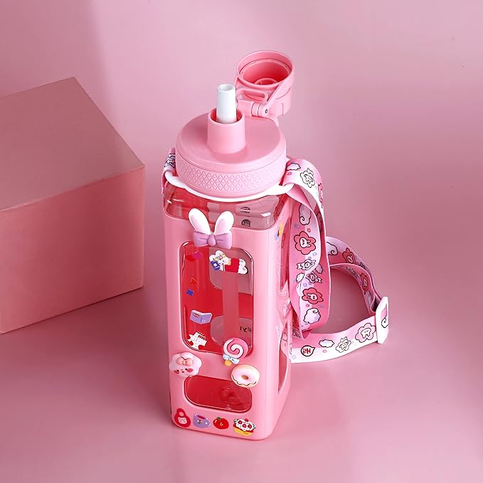 Kawaii Bear Pastel Water Bottle With 3D Sticker 700ml Plastic Travel Tea Juice Milk Portable Cute Shaker Drink Bottle Gift (Pink)