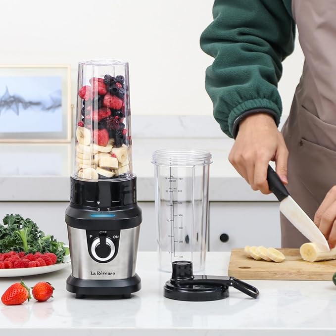 La Reveuse Personal Size Blender for Shakes Smoothies,400W, with 2 x 24 Oz Blending Cups and 2 Spout Lids,BPA-free