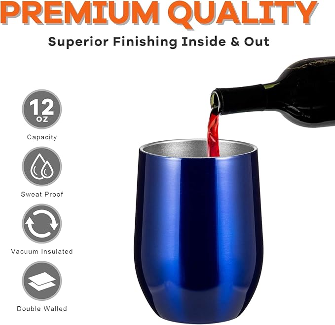 COMOOO Stainless Steel Wine Tumbler Glasses Bulk with Lid and Straw 12oz Double Wall Vacuum Insulated Tumbler Cup Stemless for Hot and Cold Drinks, Coffee, Wine, Cocktails (Royal blue, 8 Pack)