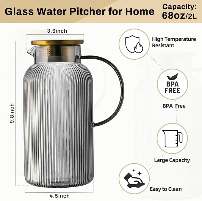 Buaic 2 PACK Glass Pitcher with Lid, 68 oz/ 2 Liter Gray Classic Vertical Stripes Water Pitcher,Glass Water Carafe for Cold Brew, Coffee, Lemonade, Iced Tea,Beverage, Heat Resistant Water Glass Jug