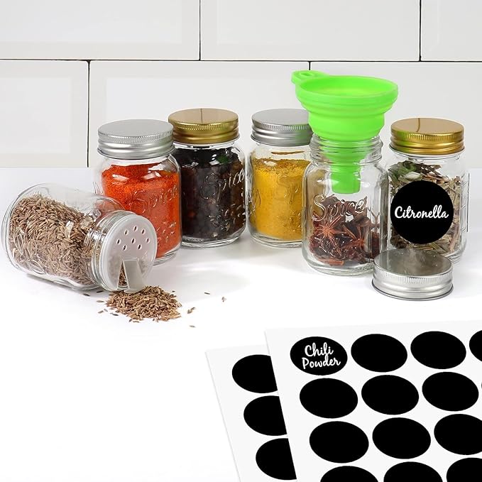 CycleMore 30 Pack 4oz Glass Mason Spice Jars, Round Spice Containers with Silver Metal Caps and Pour/Sift Shaker Lids-80pcs Labels,1 Silicone Collapsible Funnel,1 Brush and 1pcs Pen Included