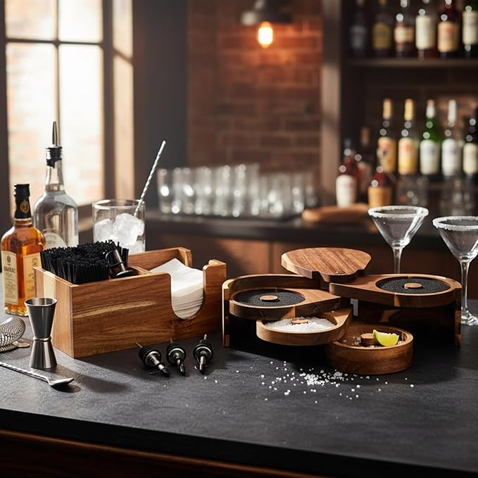 Mifoci Acacia Wood 5 Tier Bar Glass Rimmer Bartender Tool with 12 Pcs Stainless Steel Classic Bottle Pourers, Bar Caddy with 6 Compartment, 1000 Pcs Coffee Cocktail Stirrers, 200 Napkins