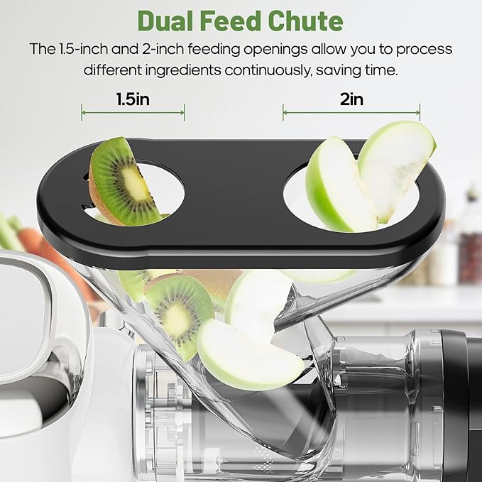 GVODE Cold Press Juicer, Powerful Masticating Juicer with Dual Feed Chute, Electric Juicer with Pulp Separation, Countertop Juicer Machines, 75dB, 3 Mode Operations, Overheat Protection