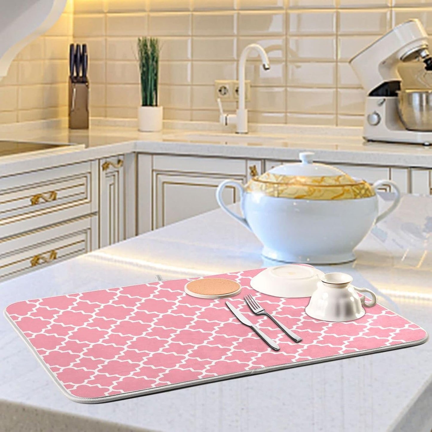 senya Super Absorbent Dish Drying Mat, Microfiber Fast-Drying Dish Mat, 24' x 18', Kitchen Dish Drying Pad, Pink Moroccan, 18x24in, (g295080414p523c558s1114)
