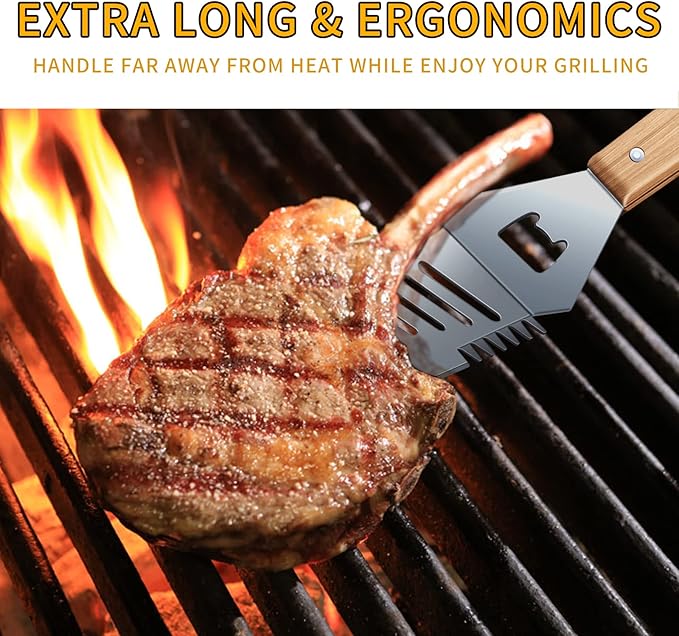 4-in-1 BBQ Spatula, Multifunction Grill Spatula with Wooden Handle, perfect for BBQ grills and kebabs for camping picnics