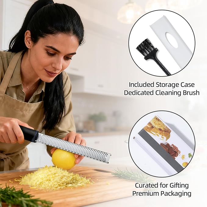 Koythin Zester, Lemon Zester & Cheese Grater with Brush, Heavy Duty Kitchen Tool for Zesting Citrus, Parmesan Cheese, Chocolate, Ginger, Fruits, Stainless Steel with Handle and Cover (Black)