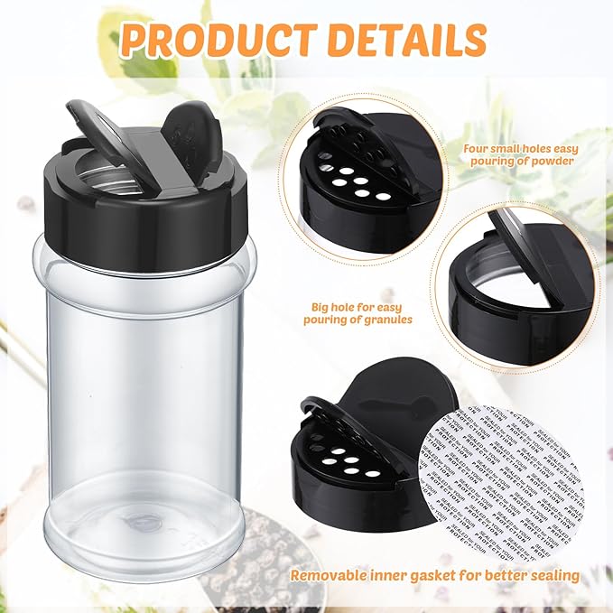 Jadive 24 Pcs Plastic Spice Jars with Shaker Lids Clear Spice Bottles Plastic Seasoning Containers Empty Shaker for Kitchen Storing Herbs Seasoning Powders Pepper Dry Goods (12 oz,Black)