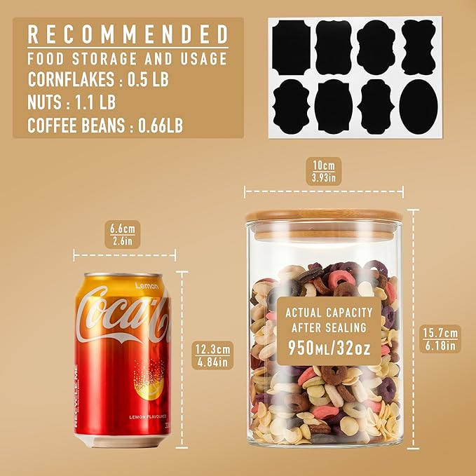 D2scrma 32oz Straight Cylindrical Airtight Storage Containers with Bamboo Lids Set of 6, Round Stackable Canisters, Food Jars, Pantry Organizers for Sugar, Cookies and Coffee beans (with Black Lable)