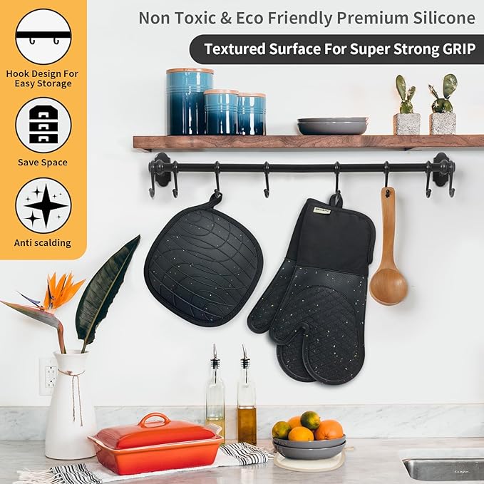 Oven Glove Cute,Cooking Mittens,Oven Mittens for Kitchen,Oven Gloves for Kitchen,Washable Silicone Oven Mitts Heat Resistant 500°F, Potholders for Kitchens Cooking Baking(Black