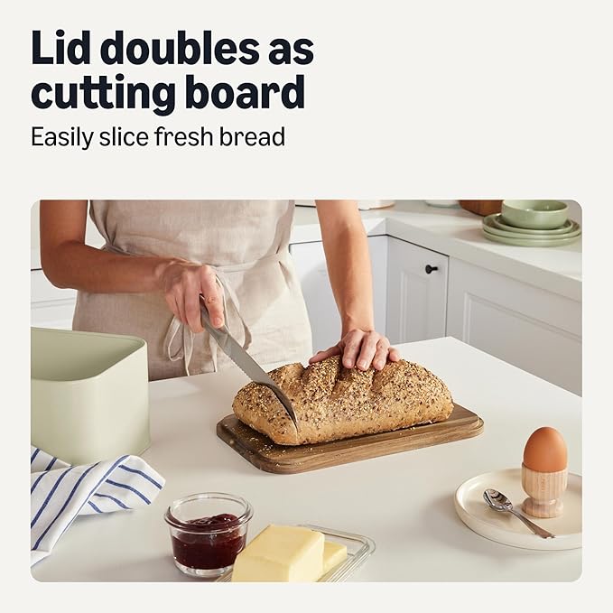 Amazon Basics Carbon Steel Bread Box with Acacia Wood Lid, Lid Doubles as Cutting Board, 11.9 x 7.1 x 5.2 in