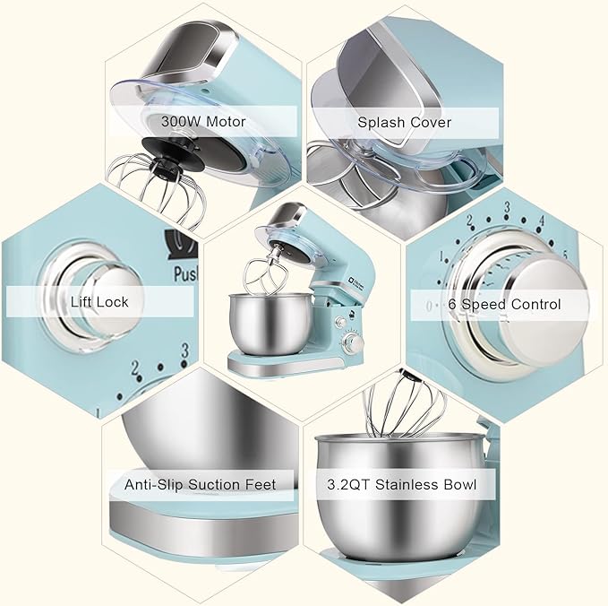 Kitchen in the box Stand Mixer,3.2Qt Small Electric Food Mixer,6 Speeds Portable Lightweight Kitchen Mixer for Daily Use with Egg Whisk,Dough Hook,Flat Beater