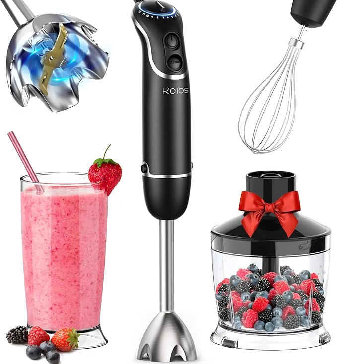 KOIOS 800-Watt/ 12-Speed Immersion Hand Blender(Titanium Reinforced), Turbo for Finer Results, 4-in-1 Set Includes BPA-Free Food Chopper / Egg Beater / Beaker, Ergonomic Grip, Detachable