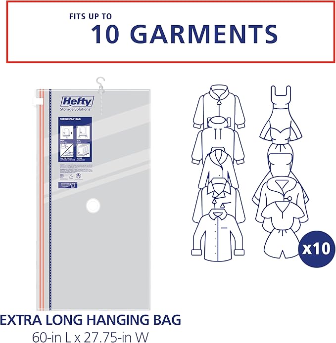 Hefty Hanging Compression Bags 3 Extra Long Vacuum Garment Storage Bags for Clothes, Travel, Closet Organization (60 X 27 Inches) (X-Large)