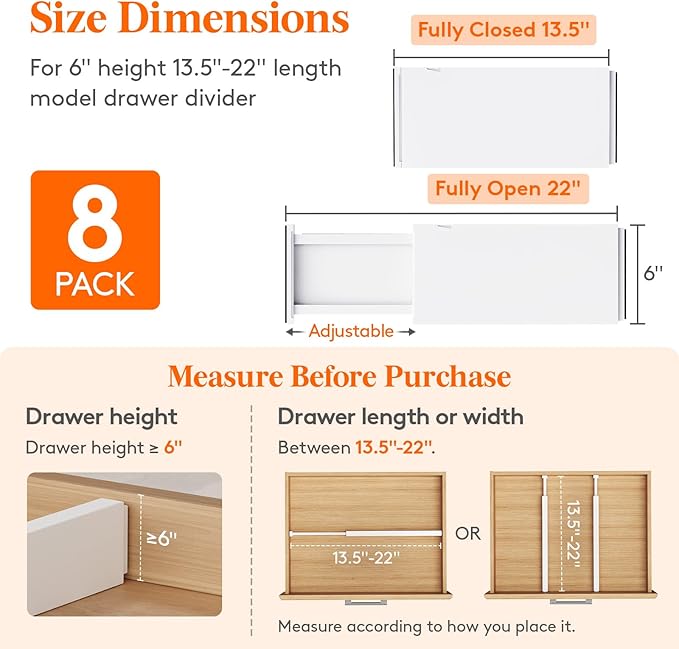 Lifewit 8 Pack 6" High Drawer Dividers 34-56cm/13.5-22" Adjustable Drawer Organizer for Clothes/Utensils, Expandable Drawer Separator in Dresser/Kitchen/Bedroom/Office Organization & Storage White