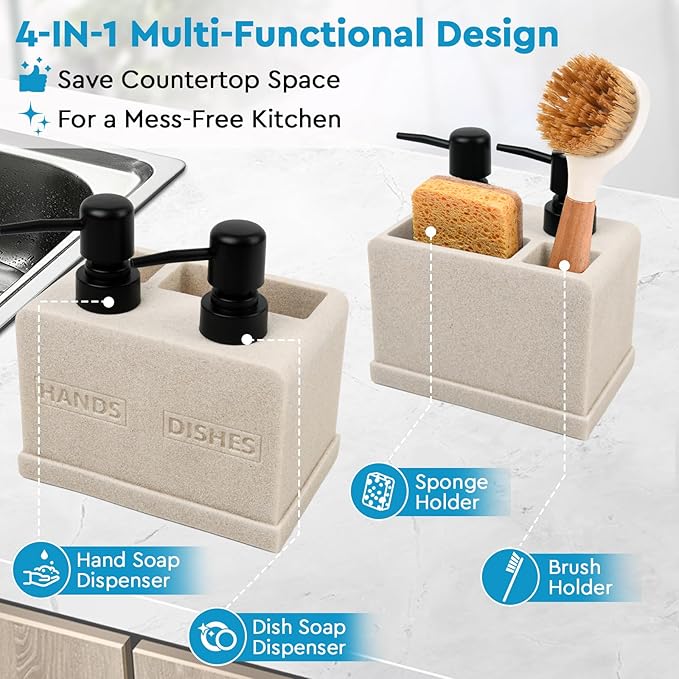Hand and Dish Soap Dispenser Set for Kitchen Sink,Dual Soap Dispenser with Sponge Caddy and Brush Holder 4-in-1 Countertop Organizer for Kitchen Bathroom,Useful Kitchen Gadgets-Beige