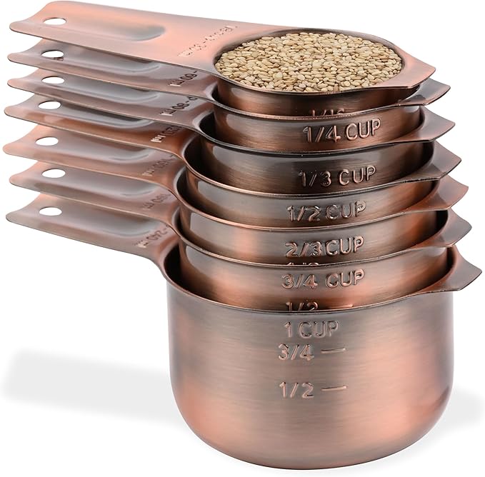 Copper Measuring Cups and Spoons Set 17, Stainless Steel Measuring Cups and Spoons for Dry & Liquid, Metal 7 Measure Cup and 9 Measure Spoon with 1 Leveler for Kitchen & Baking