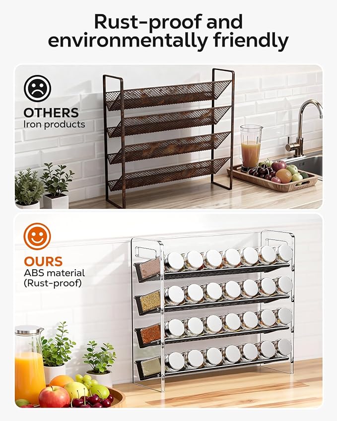 Nieifi Transparent & Black Spice Rack Rustproof, without Seasoning Jars,4-Tier Transparent ABS Plastic Spice Rack Organizer for Cabinet and Countertop,Thickened Corrosion-Resistant-Tiered Kitchen