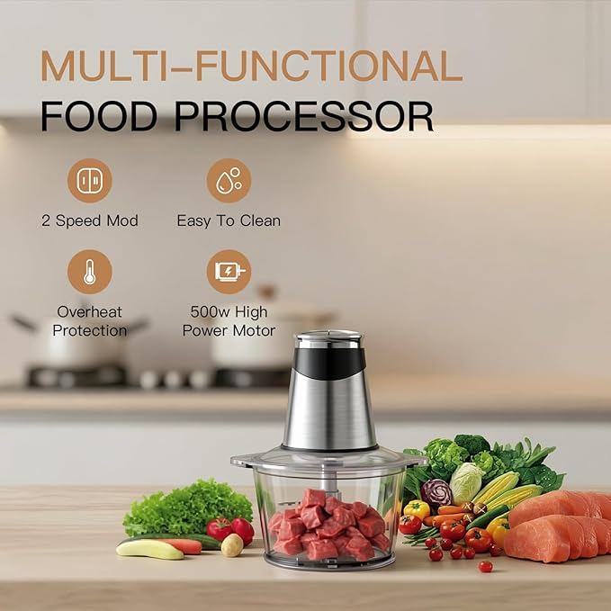 MEGAWISE Electric Food Chopper 800W, Dual-Speed Meat Grinder with1.2L 304# Stainless Steel Bowl & 2.2L Glass Bowl, BPA-Free Food Processor for Meat, Vegetables, and Nuts