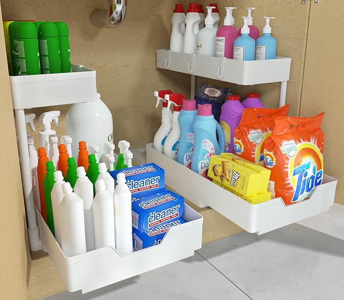 L shape Under Sink Organizers with 2 Pack of Black and 2 Pack of White，Sliding L-shape Cabinet Organizers Narrow Space Storage Multi-purpose Sink Organizer for Bathroom Kitchen Drawer