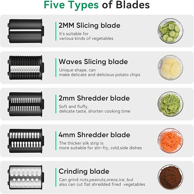 Electric Cheese Grater Upgraded, 250W Electric Slicer Shredder, Automatic Cheese Shredder, Electric Salad Machine for Fruits, Vegetables, Cheeses，Salad Maker With 5 Different Shapes of Blades