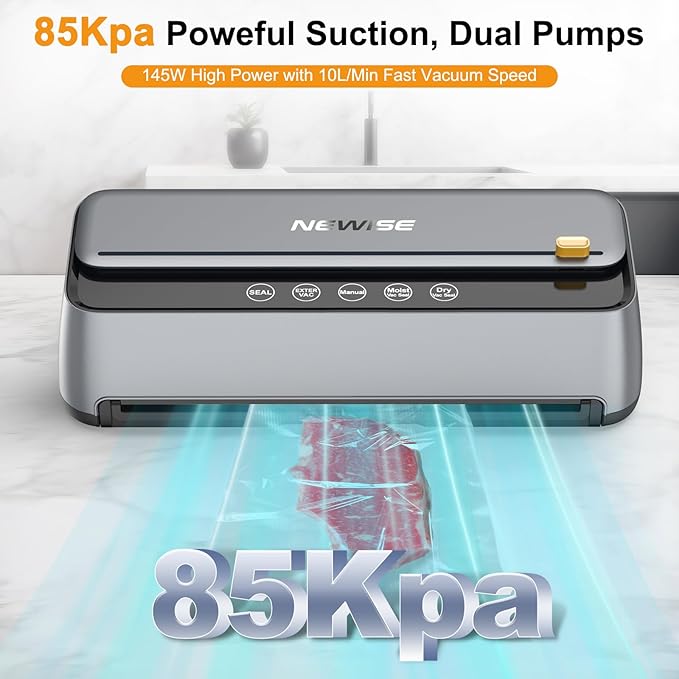 Automatic Vacuum Sealer Machine, 85Kpa Powerful Suction for Dry and Moist Food Preservation, External Hose & Bag Cutter, Leakproof Seal, Self-Cleaning Mode