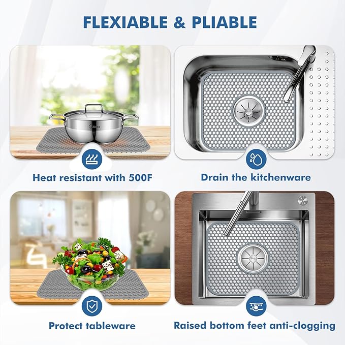 Bestjing Silicone Sink Protectors for Kitchen Sink with Center Drain,13.58''x 11.6'' Folding Non-Slip Heat Resistant Mat Grid for Bottom of Porcelain Stainless Steel Porcelain (Center Hole)