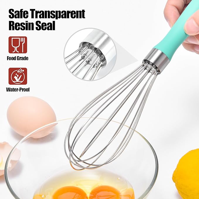 18/8 Stainless Steel Balloon Whisk, Doosu Kitchen Whisk for Cooking Handheld Egg Beater with Rust-Proof Sturdy Wires & Non-Slip Silicone Handle for Beating, Stirring, Blending (6 Wires, Aqua Sky)