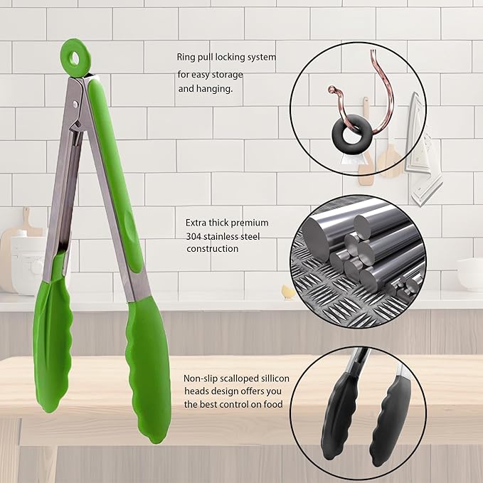 Kitchen Tongs with Silicone Tips,Tongs for Cooking Heat Resistant 600 Degrees Stainless Steel Locking Tongs,Grass Green Set of 3-7", 9" and 12"