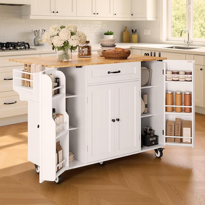 Ahomly Kitchen Island with Storage, 47.6" Rolling Kitchen Island on Wheels with Drop Leaf, Door Cabinet, Drawer, Spice Rack, Towel Rack and Knife Holder, Kitchen Cart Island Table for Kitchen, White