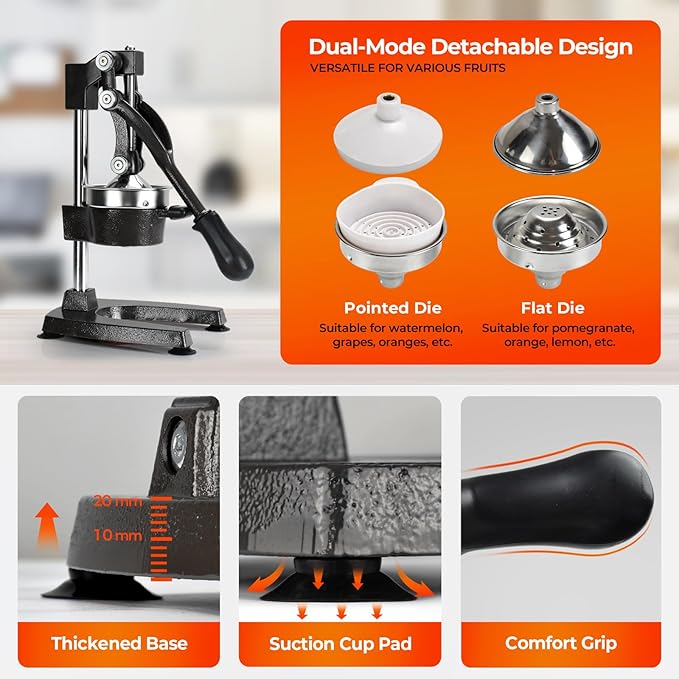ROEDEER Heavy-Duty Manual Citrus Juicer – Cast Iron Orange Juicer Squeezer, Dual-Die Head, Manual Juicer, Citrus Squeezer, Lemon Juicer Manual & Pomegranate Juicer for Fresh Juice (Black)