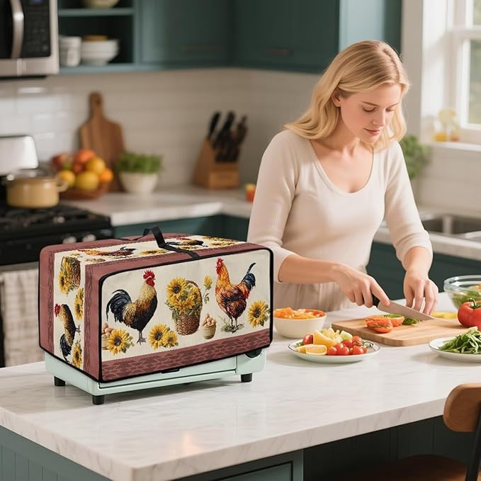 Air Fryer Toaster Oven Dust Cover Washable Convection Oven Cover Farmhouse Kitchen Appliance Protector Decorations Countertop Accessories, M, Rooster Chicken Eggs Sunflower