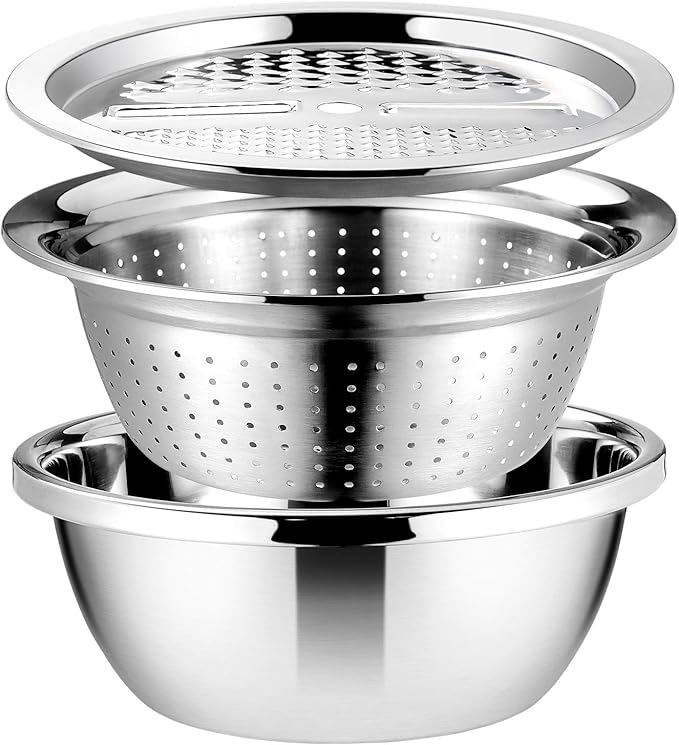 Cabilock Graters for Kitchen Handheld Stainless Steel Drain Basket Vegetable Cutter 3 In 1 Kitchen Multipurpose Grater Salad Bowl For Home (Silver) Colanders & Food Strainers