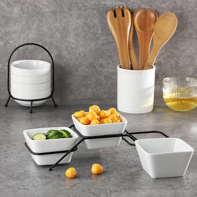 Buyajuju 3 pcs square bowl Porcelain Chip & Dip Serving Set with Black Metal Stand, 4.5inch White Small Serving Bowls for Side Dishes, Salsa, Appetizer, Serving Dishes for Entertaining 11.5 OZ