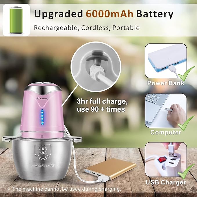 Food Processor Cordless Meat Garlic Chopper with 5 Cup Stainless Steel Bowl, 6000mAh USB Rechargeable Electric Vegetable Chopper Baby Food Processor Blender Mini Kitchen Mixer, Mom's Gift(Pink)