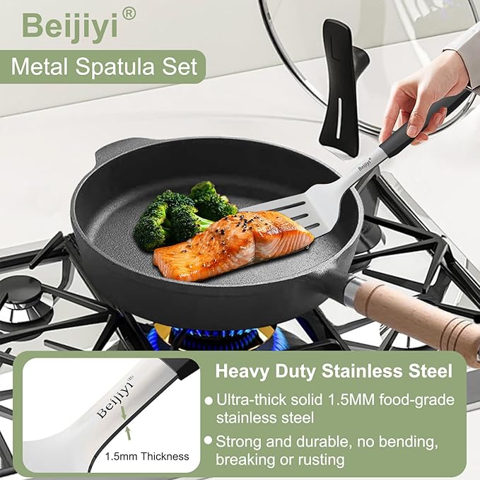 Beijiyi Stainless Steel Spatula Set, 2 Pcs Small Metal Spatula for Cast Iron Skillet, Solid and Slotted Turner Spatulas for Kitchen Use with Silicone Handle, Cooking Utensils for Eggs, Burger, Steak